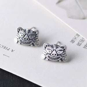 925 Silver Tiger Head Mini Stud Earrings for Women Men