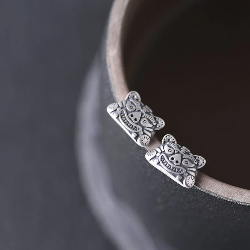 925 Silver Tiger Head Mini Stud Earrings for Women Men