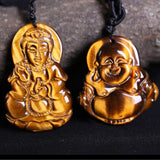 Tigers Eye Stone Pendant Drop GuanYin Buddha Necklace Lucky Amulet