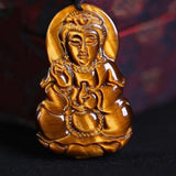 Tigers Eye Stone Pendant Drop GuanYin Buddha Necklace Lucky Amulet