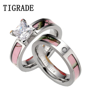 Tigrade Pink Camo CZ Ring Set Titanium Wedding Band Engagement Couple Rings