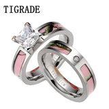 Tigrade Pink Camo CZ Ring Set Titanium Wedding Band Engagement Couple Rings