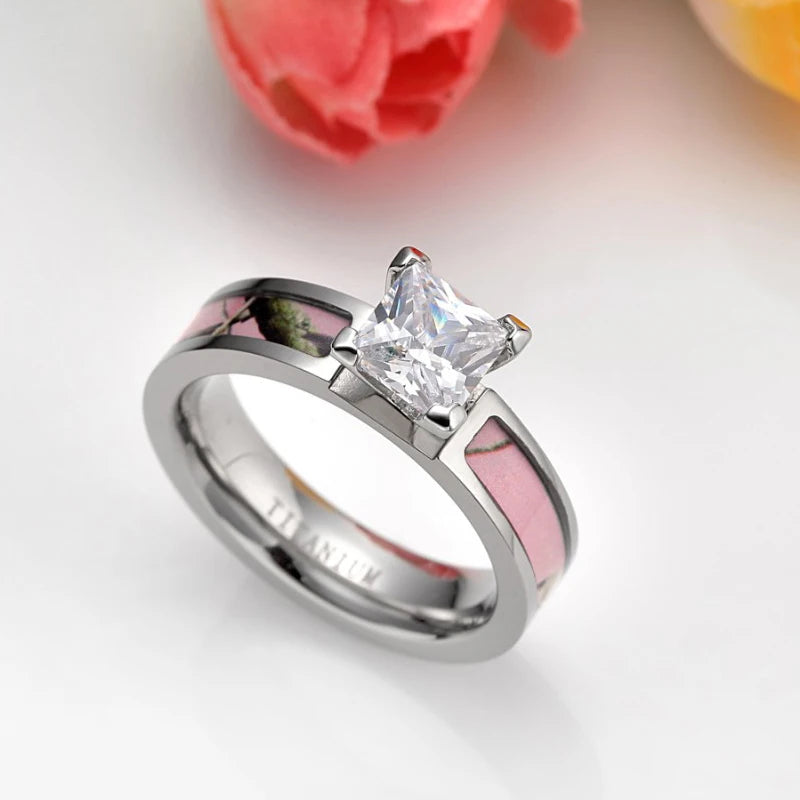 Tigrade Pink Camo CZ Ring Set Titanium Wedding Band Engagement Couple Rings