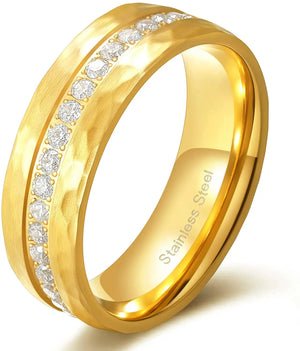 Tigrade 8mm 18k Plated Steel Hammered Ring CZ Wedding Band