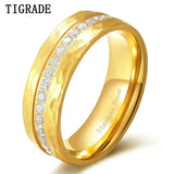 Tigrade 8mm 18k Plated Steel Hammered Ring CZ Wedding Band