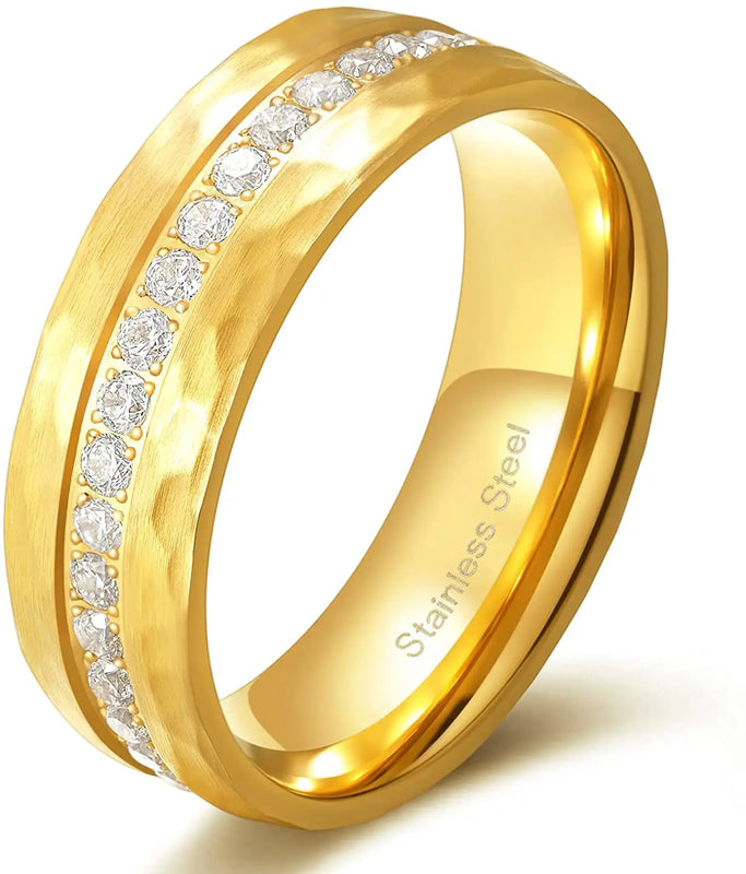 Tigrade 8mm 18k Plated Steel Hammered Ring CZ Wedding Band
