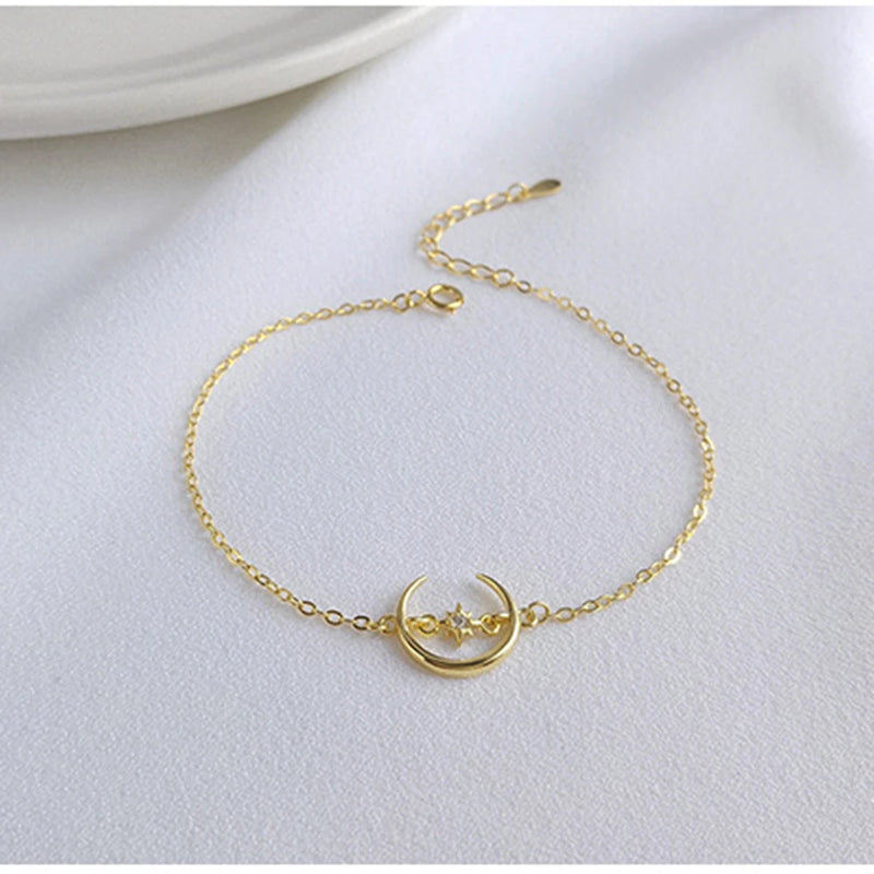 925 Silver Chain Moon Star Zircon Cuff Bracelet Women Gift