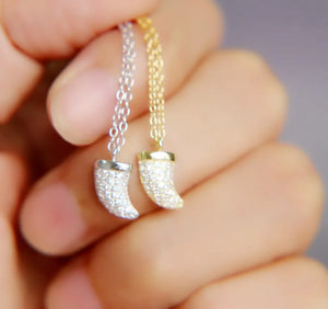 Sterling Silver CZ Paved Horn Necklace Teeth Shape Charm Pendant