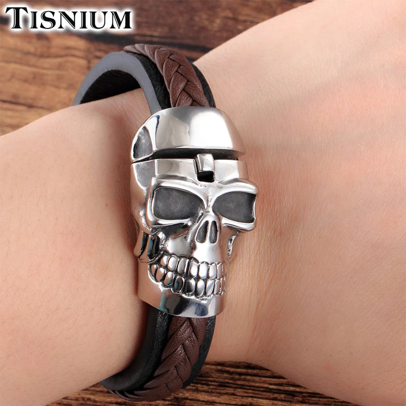Tisnium 14mm Skull Leather Bracelet for Men Steampunk Style