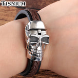 Tisnium 14mm Skull Leather Bracelet for Men Steampunk Style
