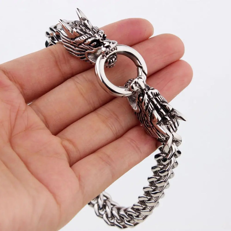Tisnium Dragon Head Men's Bracelet on Hand Cuban Chain