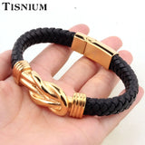 Tisnium Stainless Steel Lover's Knot Bracelet Men Leather Texture