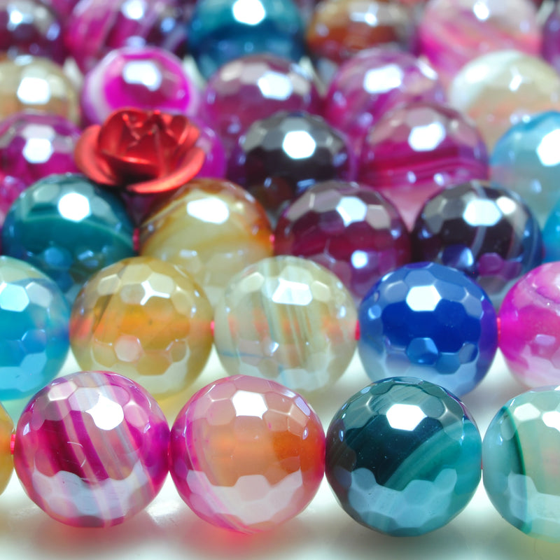 Titanium Rainbow Banded Agate Faceted Round Loose Beads Gemstone