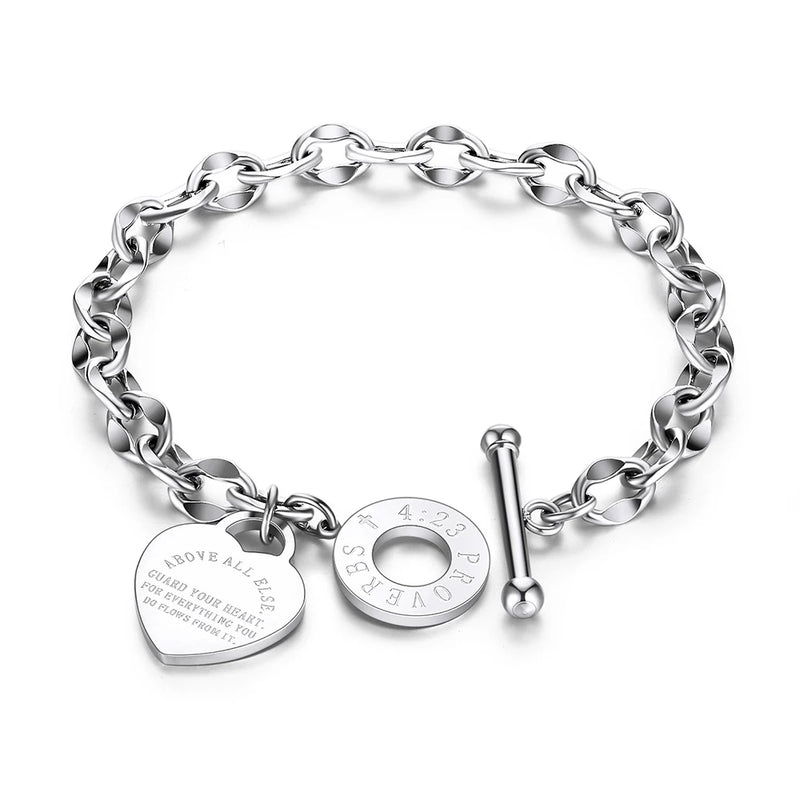 Stainless Steel Heart Charm Necklace Proverbs 4:23 O-Chain