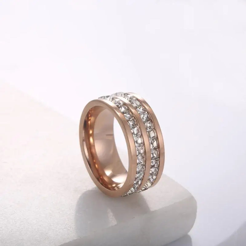 Crystal Zircon Double Row Stainless Steel Wedding Ring