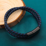 Titanium Steel Bracelet Double Layer Brown Leather Braided Rope For Men