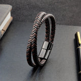 Titanium Steel Bracelet Double Layer Brown Leather Braided Rope