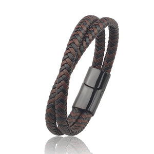Titanium Steel Bracelet Double Layer Brown Leather Braided Rope