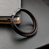 Titanium Steel Bracelet Double Layer Brown Leather Braided Rope