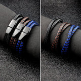 Titanium Steel Bracelet Double Layer Brown Leather Braided Rope