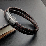 Titanium Steel Bracelet Double Layer Brown Leather Braided Rope