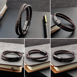 Titanium Steel Bracelet Double Layer Brown Leather Braided Rope