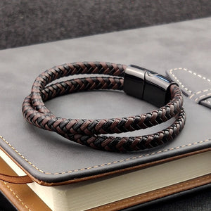 Titanium Steel Bracelet Double Layer Brown Leather Braided Rope