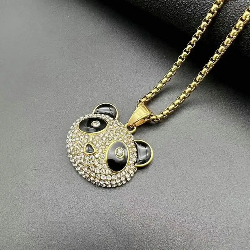 Panda Couple Pendant Rhinestone Plated Titanium Steel