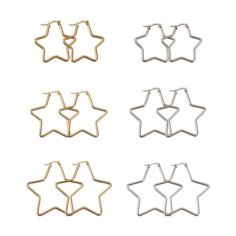 Titanium Steel Hoop Earrings, Star, Golden & Stainless Steel Color