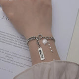 Engraved Name Bar Bracelet Crystal Chain Splicing Women's Pearl Pendant