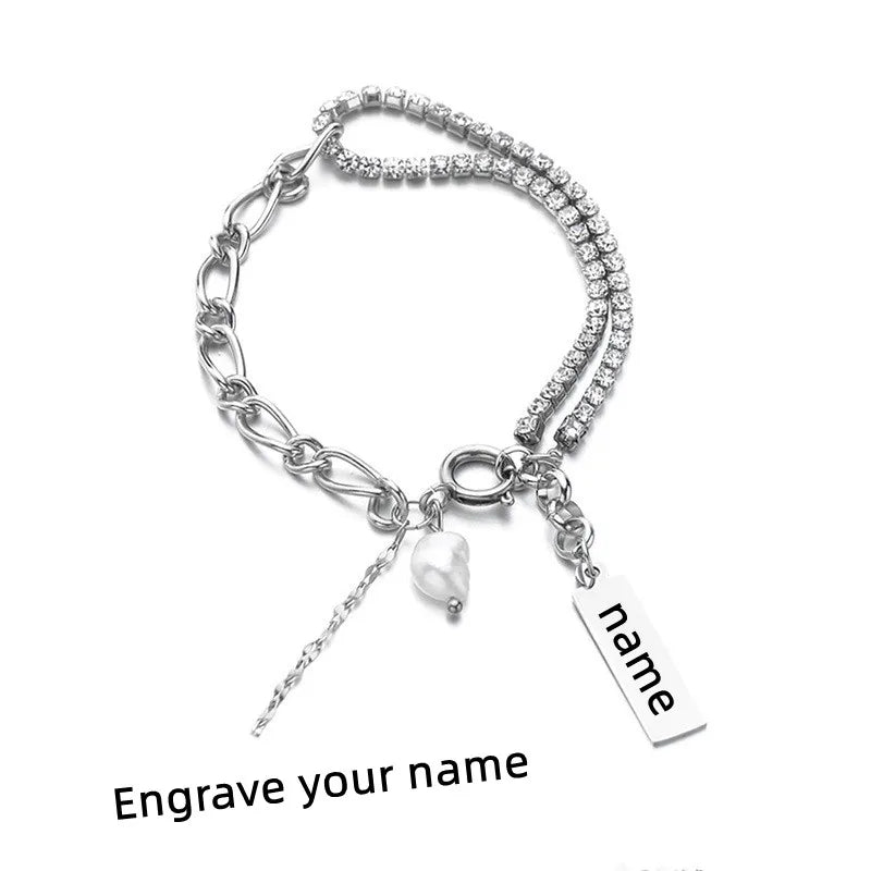 Engraved Name Bar Bracelet Crystal Chain Splicing Women's Pearl Pendant