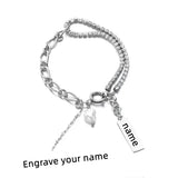Engraved Name Bar Bracelet Crystal Chain Splicing Women's Pearl Pendant