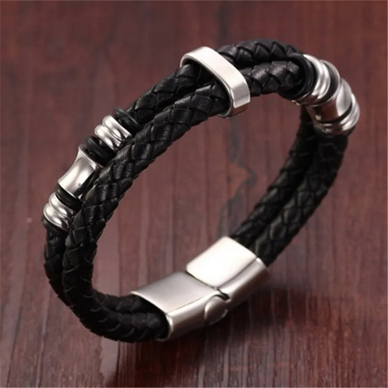 Titanium Steel Leather Men's Bracelet for Boyfriend