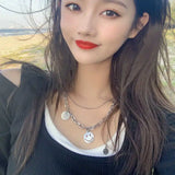 Titanium Steel Round Smile Face Love Letter Double Layer Clavicle Chain