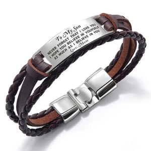 SON Leather Bracelet From Mom Dad, Personalized Gift Men