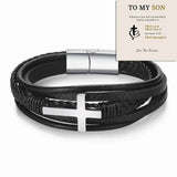 Son/Grandson Cross Leather Cuff Bracelet Stainless Steel Men's Bangle