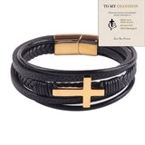 Son/Grandson Cross Leather Cuff Bracelet Stainless Steel Men's Bangle
