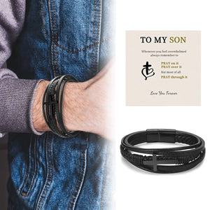 Son/Grandson Cross Leather Cuff Bracelet Stainless Steel Men's Bangle