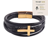 Son/Grandson Cross Leather Cuff Bracelet Stainless Steel Men's Bangle