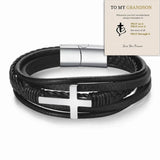 Son/Grandson Cross Leather Cuff Bracelet Stainless Steel Men's Bangle