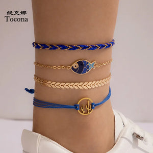 Boho Rope Anklets Set Fish Cactus Leaf Foot Chain Jewelry