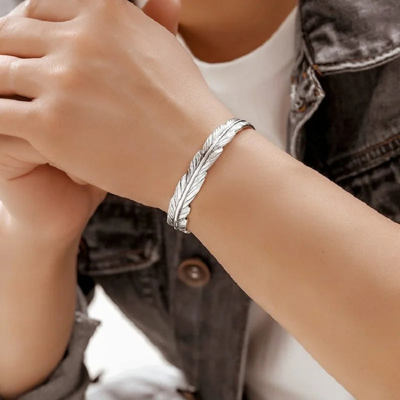 Vintage Silver Feather Cuff Bangle Bracelet Classic Retro Style