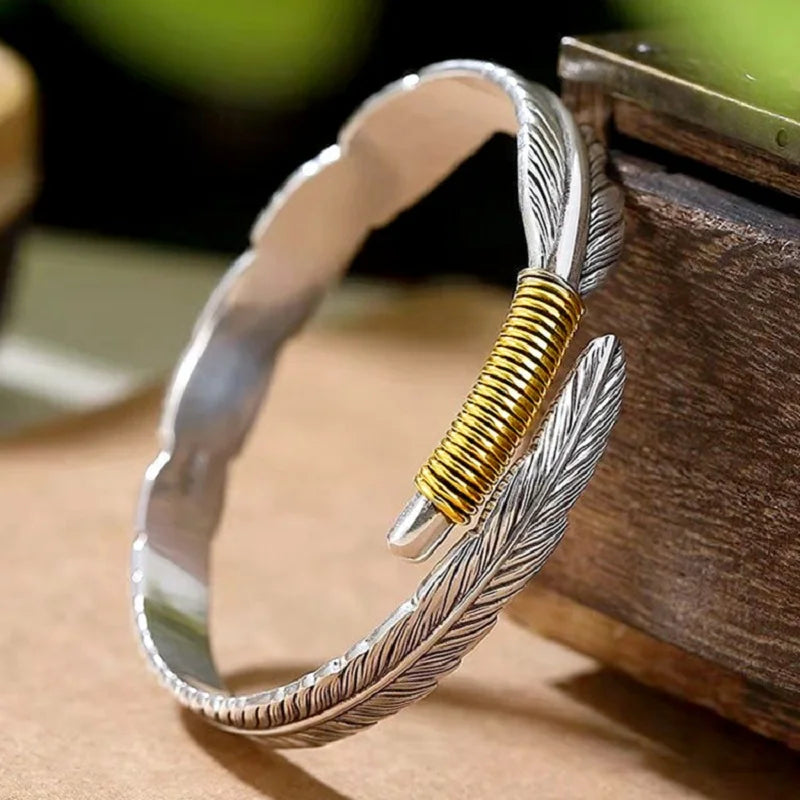 Vintage Silver Feather Cuff Bangle Bracelet Classic Retro Style