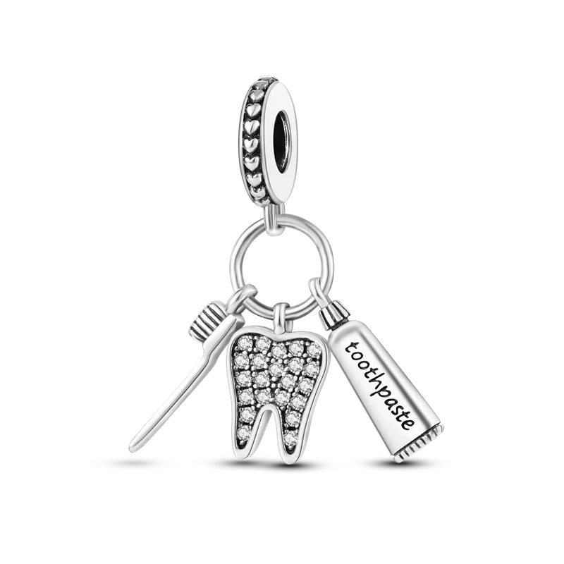 Toothpaste Toothbrush Tooth Pendant Dangle Silver Charms for Bracelet DIY