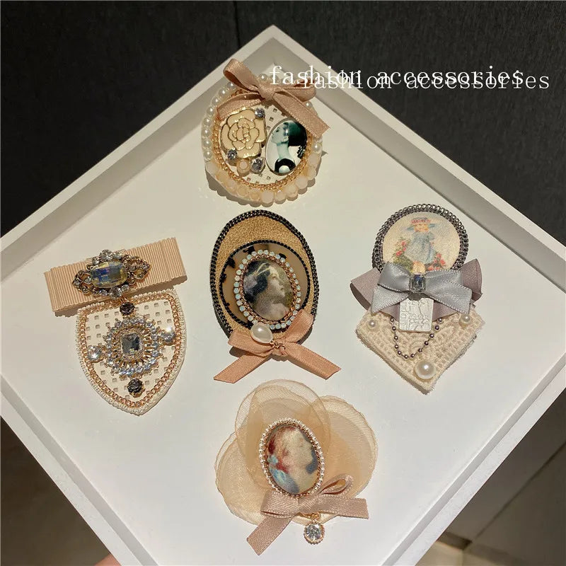 Vintage Bow Badges For Women Lady Portrait Brooches Pins Retro Crystal Jewelry