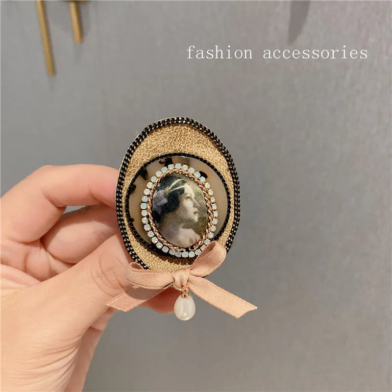 Vintage Bow Badges For Women Lady Portrait Brooches Pins Retro Crystal Jewelry
