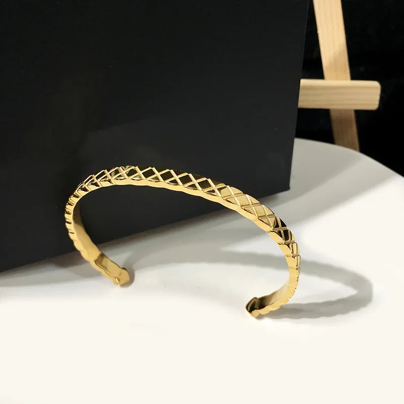 Stainless Steel Cross Stripe Bracelet Silver Cuff Bangle Women CZ Jewelry