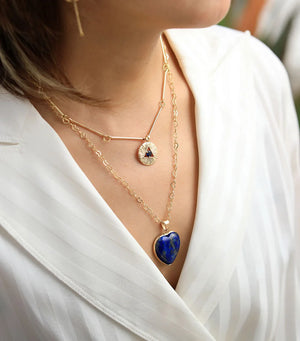 Layering Lapis Luzuli Heart Pendant Necklace Chokers Zirconia Chain