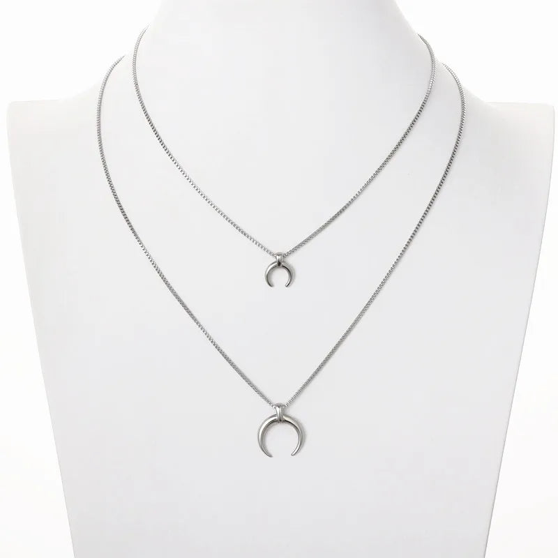 Stainless Steel Double Layer Moon Necklace with Pendant Chain Necklace