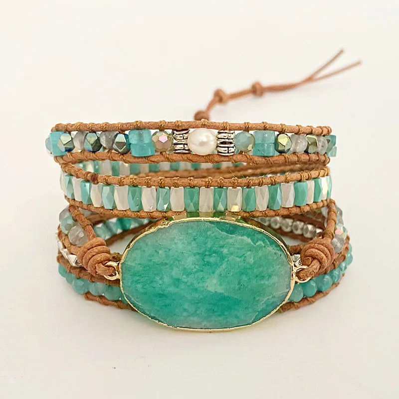 Vintage Opal Stone Weaving Cuff Bangle Bracelet